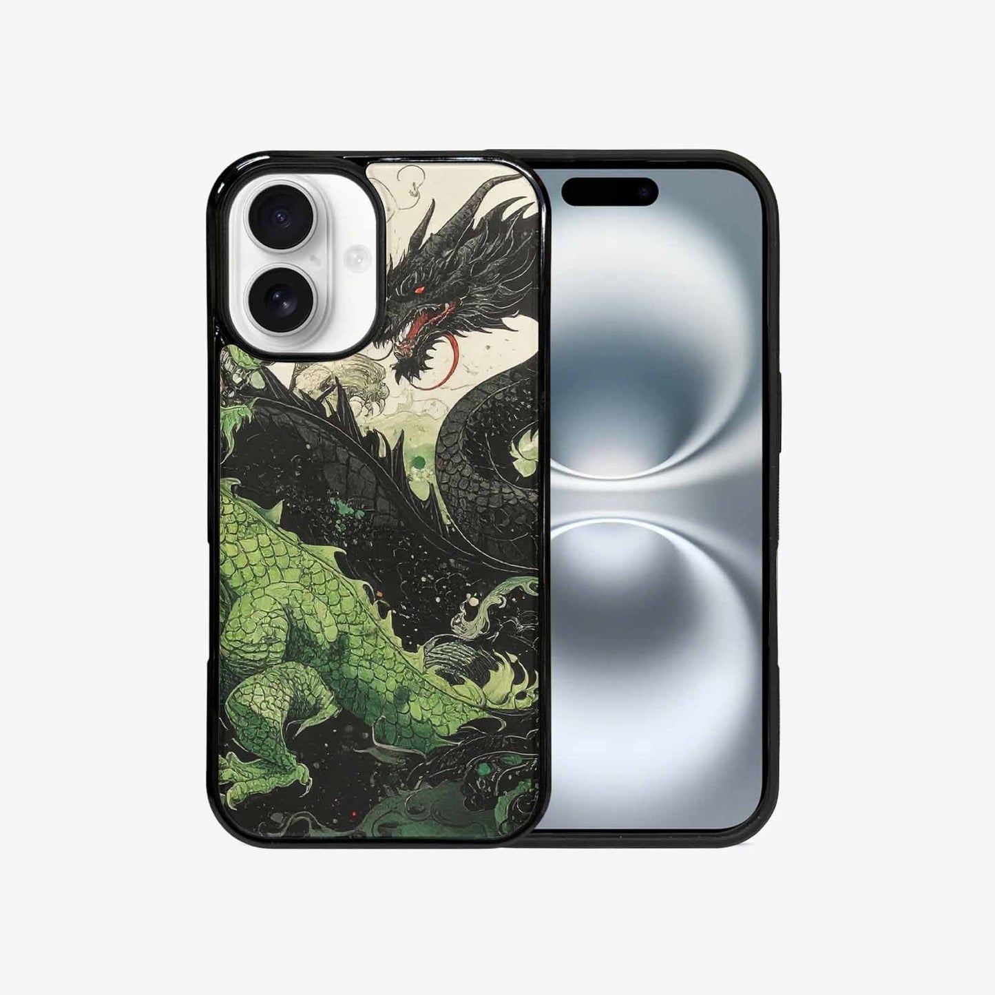iPhone 16 Case — Dragon Scale Black Green Ink Dragons, Custom Designed Case Cover