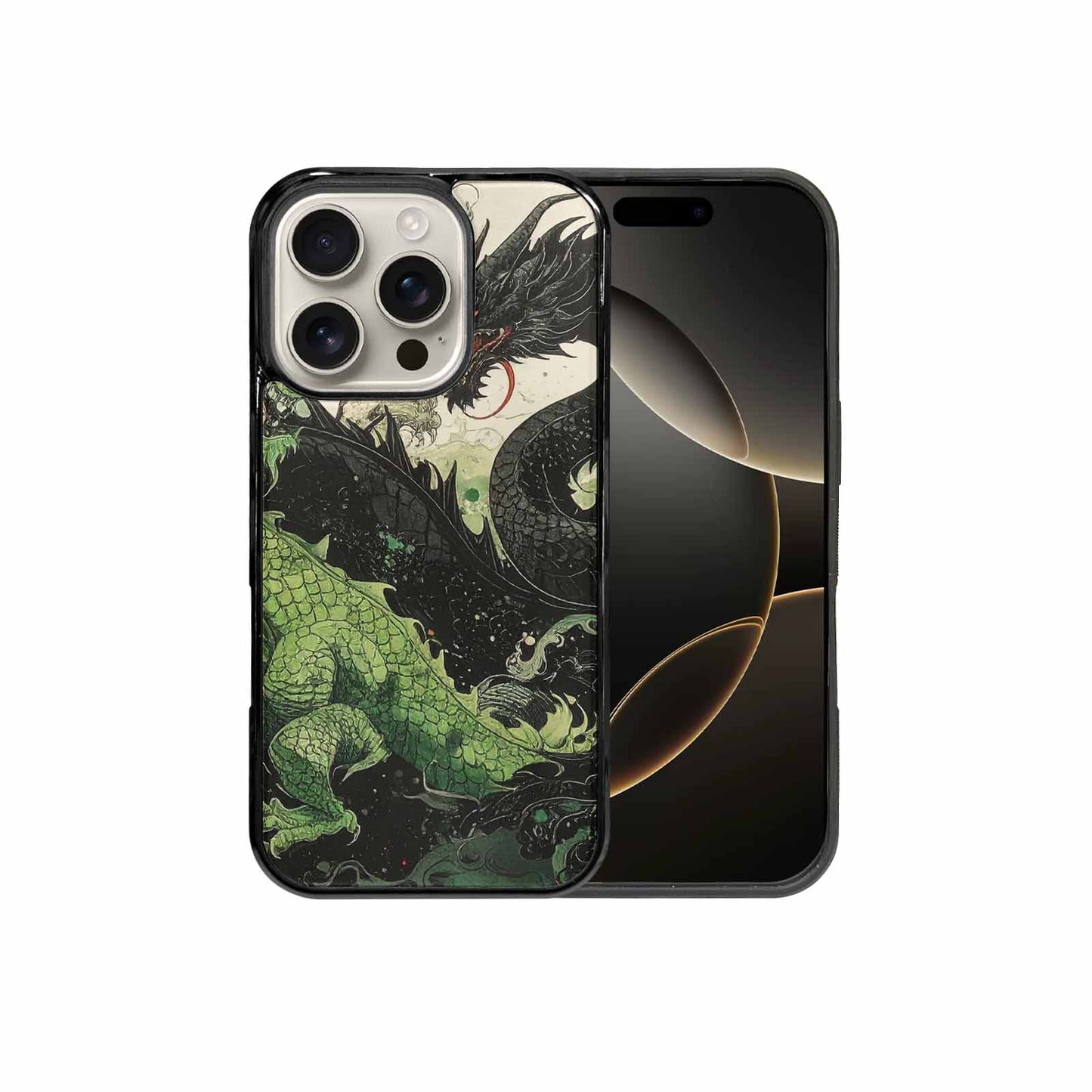 iPhone 16 Pro Case — Dragon Scale Black Green Ink Dragons, Custom Print Case Cover