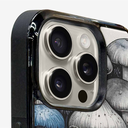 iPhone 16 Pro Case — Mushrooms General Black Blue Ink Mushrooms, Custom Art Phone Cover