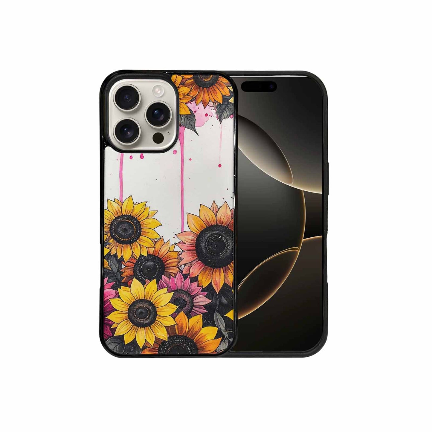 iPhone 16 Pro Max Case — Sunflower Burst Black Pink Ink Sunflowers, Custom Art Phone Cover