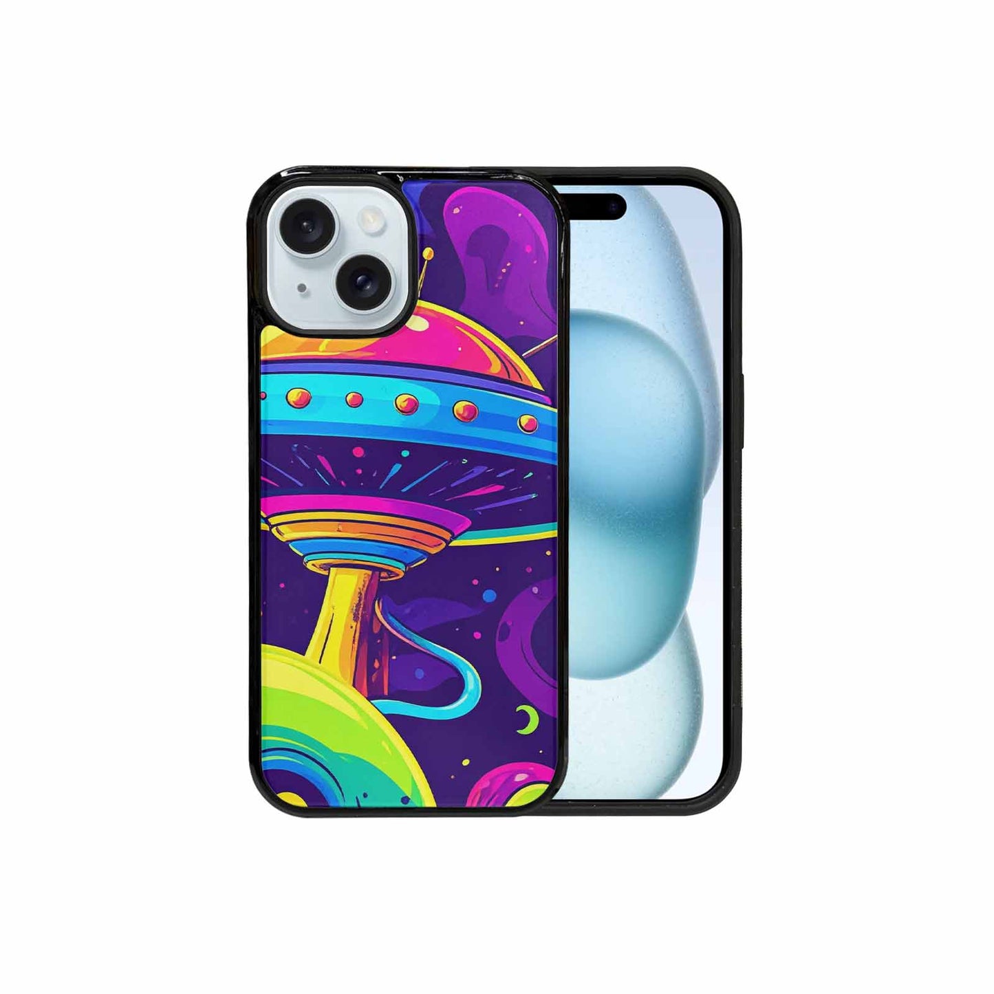 iPhone 15 Case — Alien Ufo Cartoon Art Pattern Groovy, Customized Protective Case