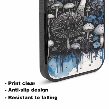 iPhone 15 Plus Case — Mushrooms General Black Blue Ink Mushrooms, Custom Phone Case