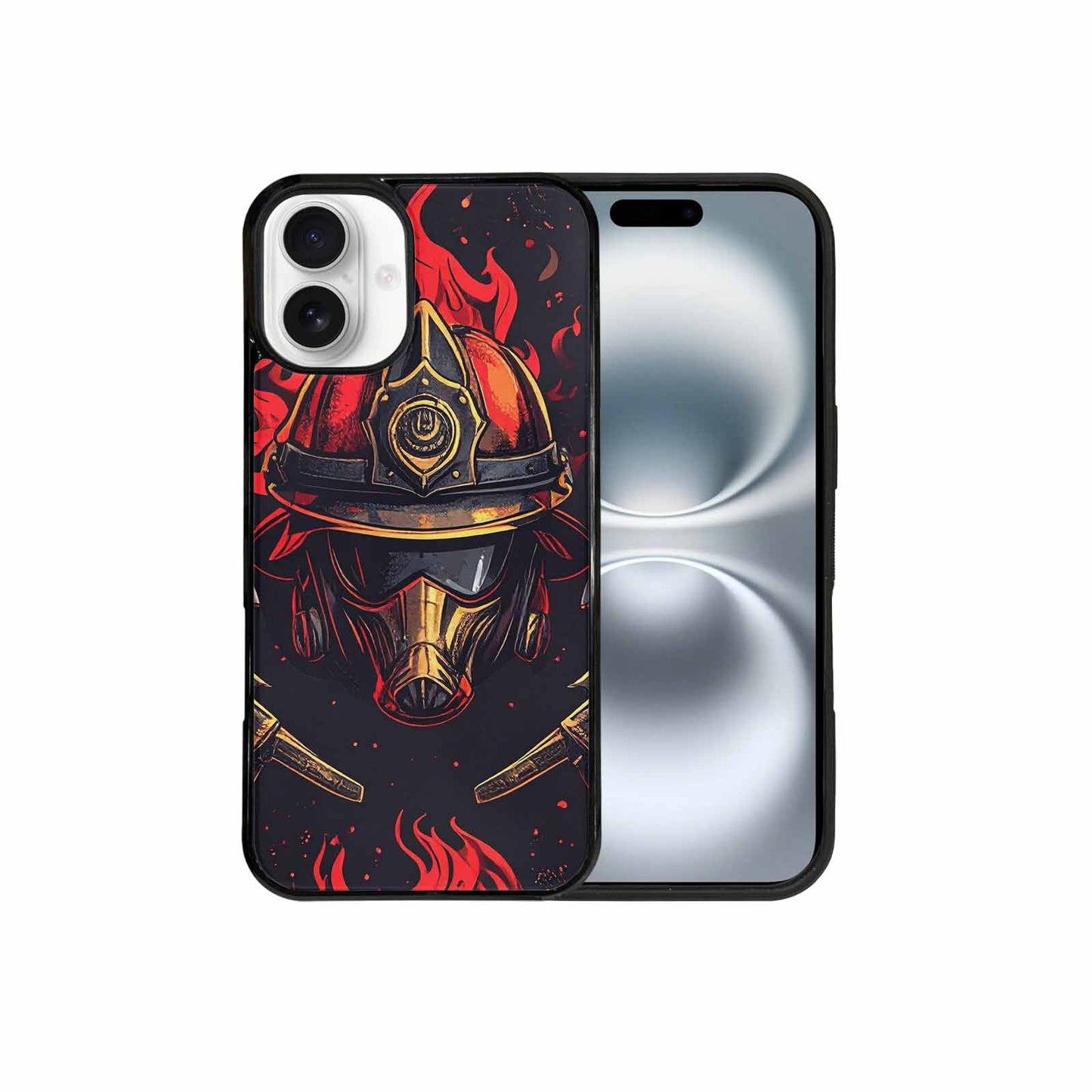 iPhone 16 Plus Case — Firefighter Pattern Flames Axes Helmets Seamless, Personalized Phone Case