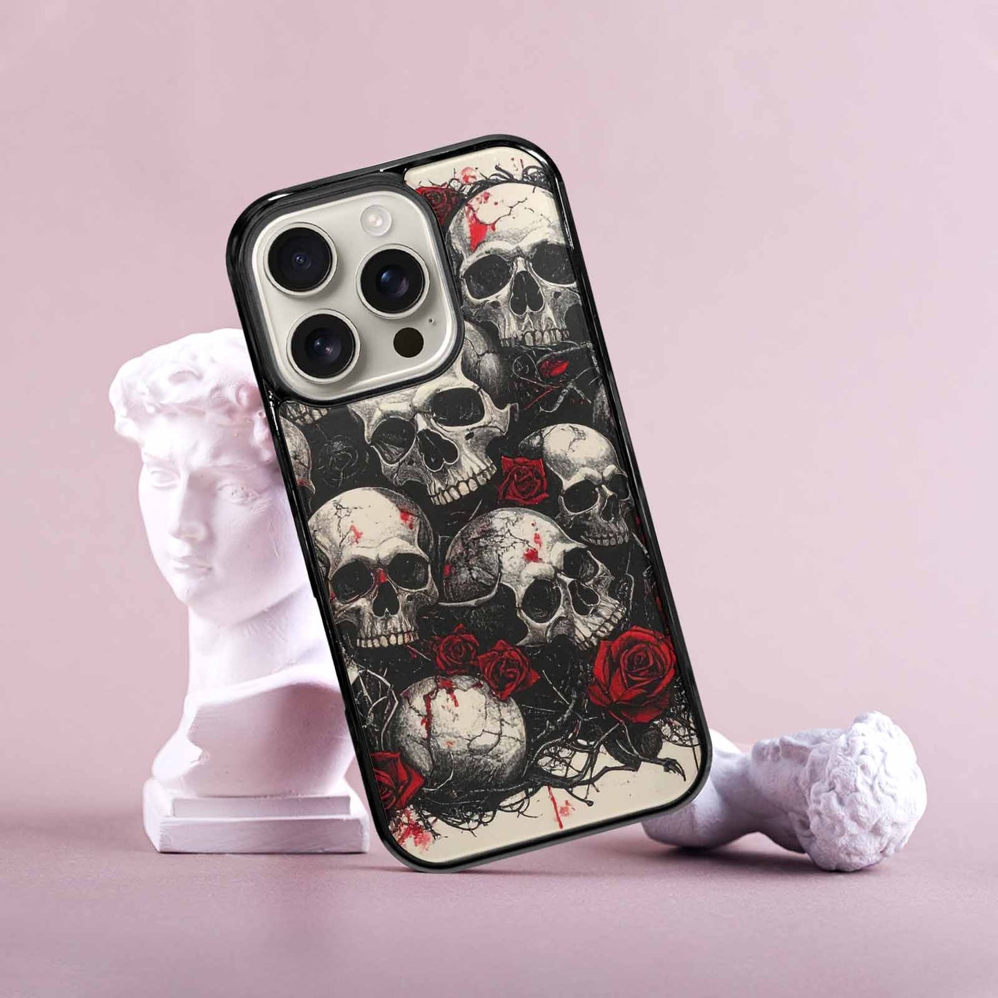 iPhone 16 Pro Case — Skull And Roses Black Red Ink, Custom Printed Phone Case