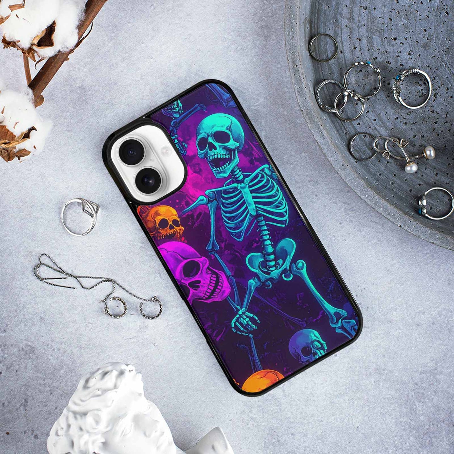 iPhone 16 Plus Case — Glowing Skeleton Pattern Hundreds Of Small, Custom Printed Phone Case