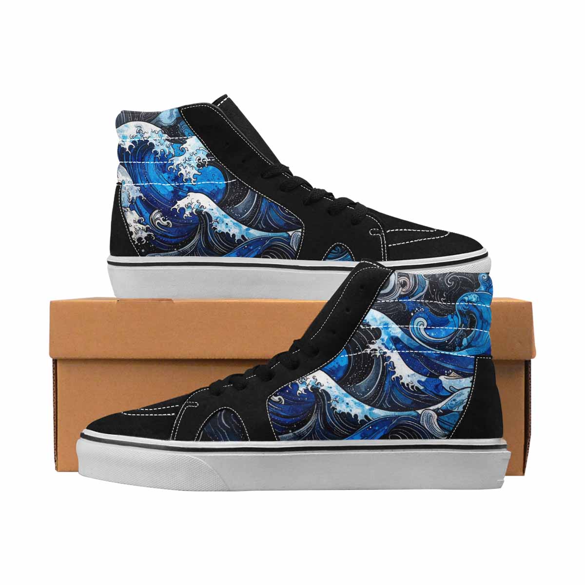 MEN'S Nautical Waves Black & Blue Ink High Top Canvas Made To Order Melting Art Shoes