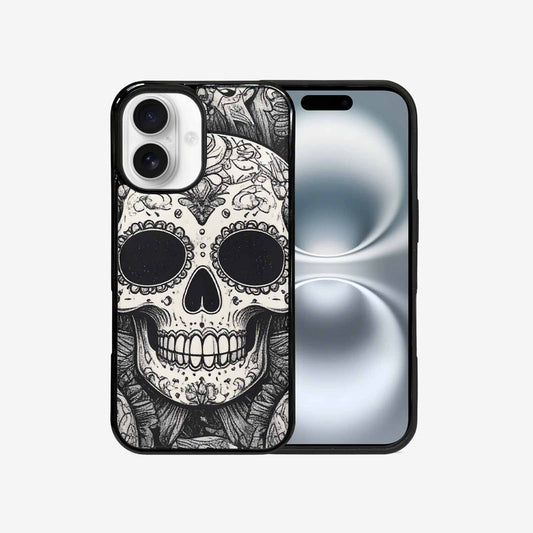 iPhone 16 Case — Intricately Detailed Sugar Skulls In Black, Custom Print Case Cover