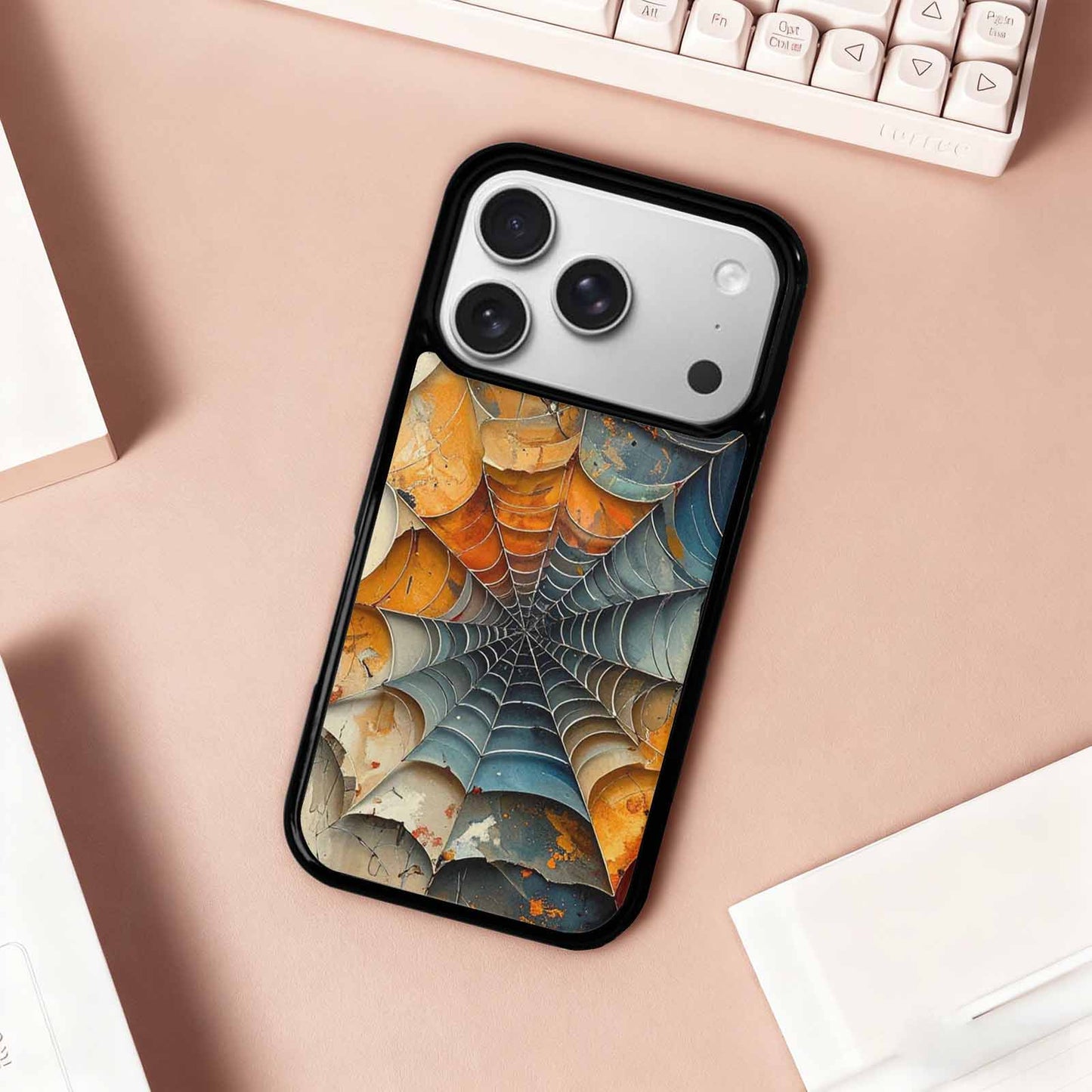 iPhone 17 Pro Case — Distressed Horror Spider Web Original Art, Unique Phone Case Design