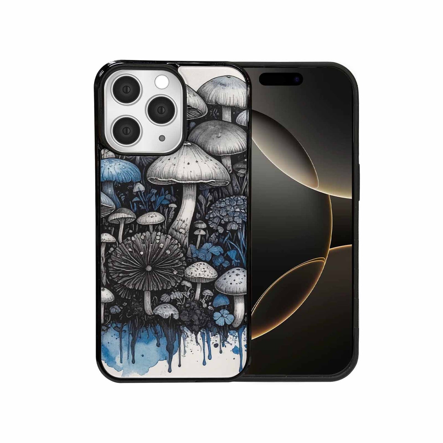 iPhone 15 Pro Max Case — Mushrooms General Black Blue Ink Mushrooms, Custom Designed Case Cover