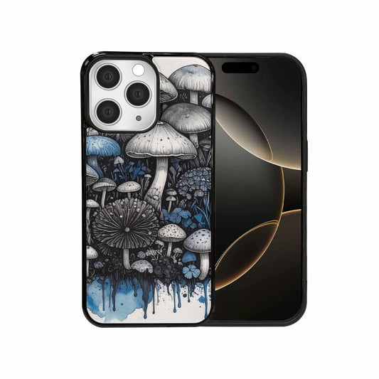 iPhone 15 Pro Max Case — Mushrooms General Black Blue Ink Mushrooms, Custom Designed Case Cover
