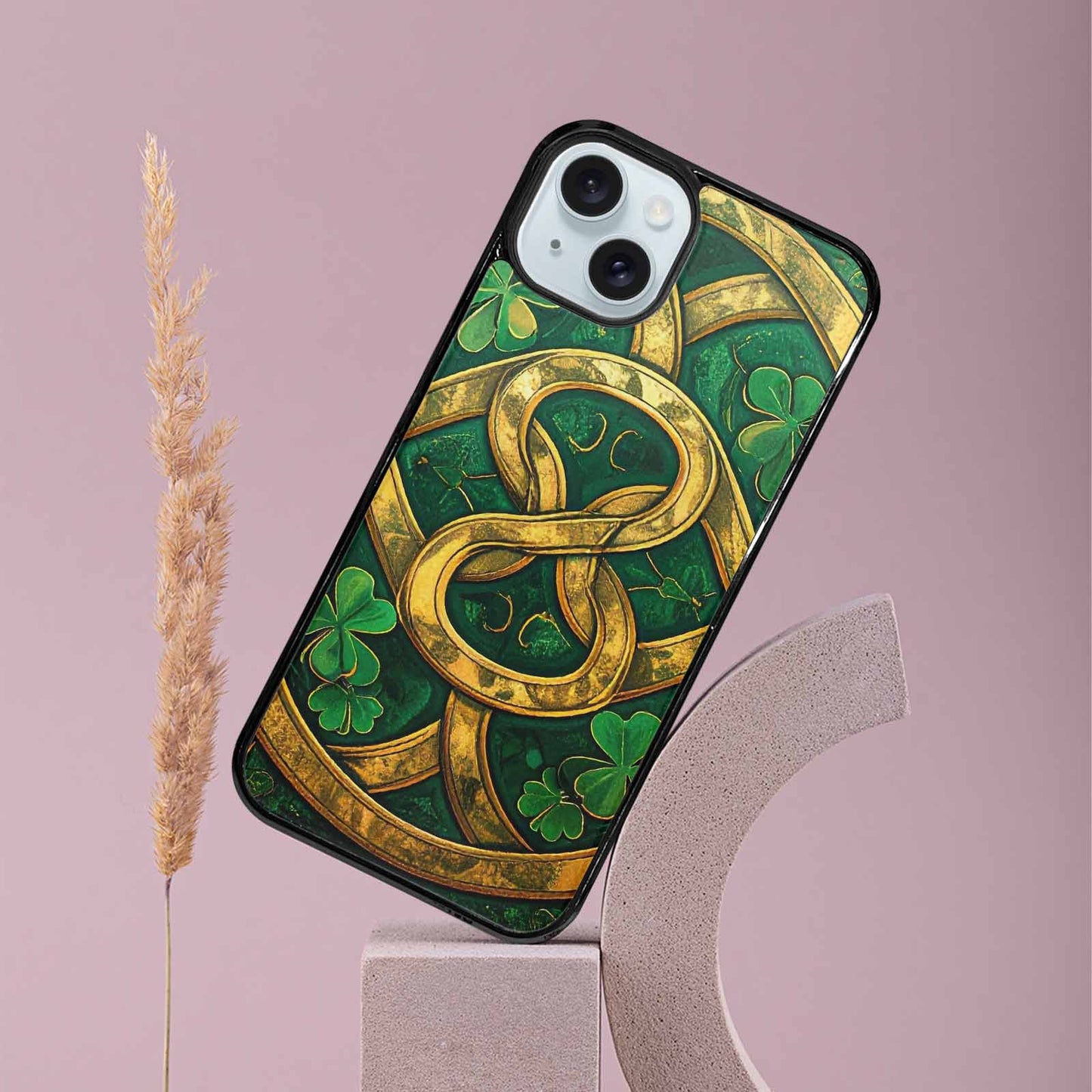 iPhone 15 Plus Case — Irish Celtic Knot Pattern Shamrocks Seamless, Custom Phone Case