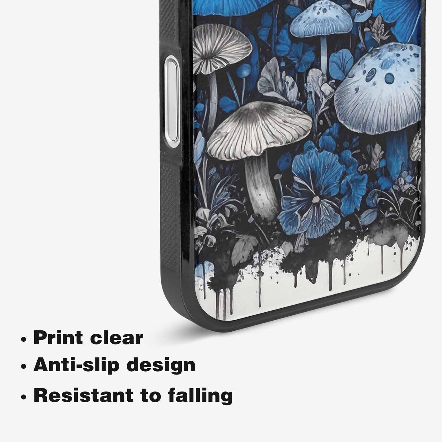 iPhone 16 Plus Case — Mushrooms General Black Blue Ink Mushrooms, Custom Made Phone Cover