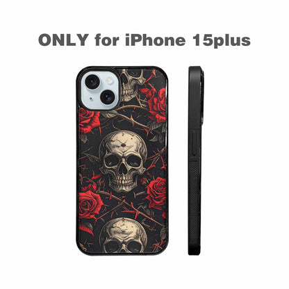 iPhone 15 Plus Case — Gothic Skulls Roses, Custom Art Phone Cover