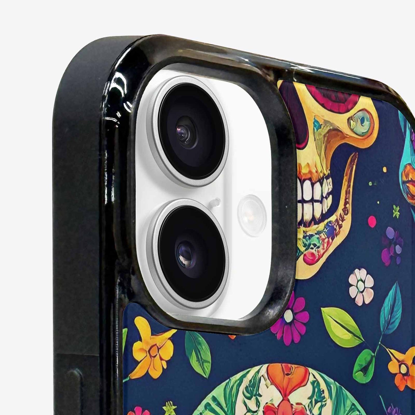 iPhone 16 Plus Case — Rainbow Sugar Skull Weave, Custom Printed Phone Case
