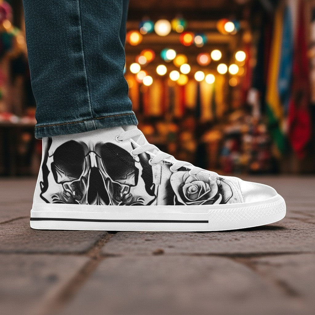 Men's Grey Skull & Roses Black & White hand-made high-top canvas shoes — unique wearable art by Freaky Shoes