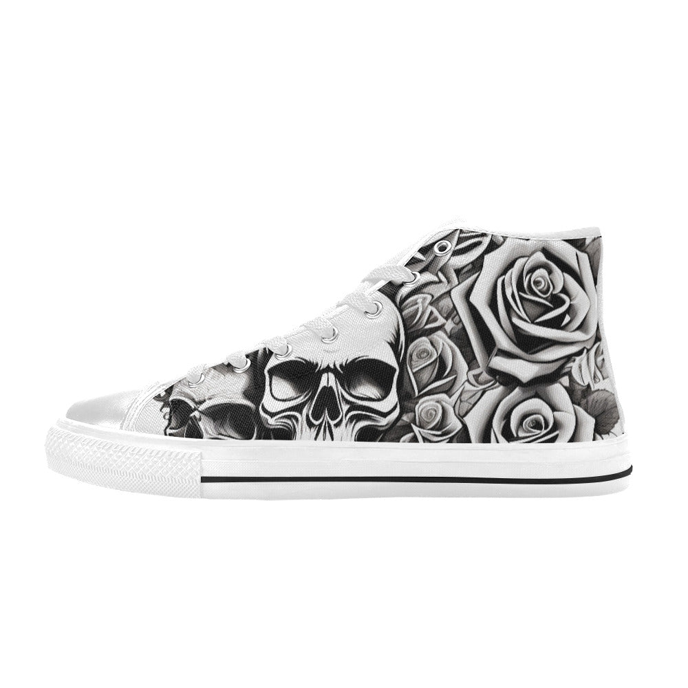 WOMEN'S Skull Roses Black White High Top Canvas Wallpaper Art Custom Sneakers