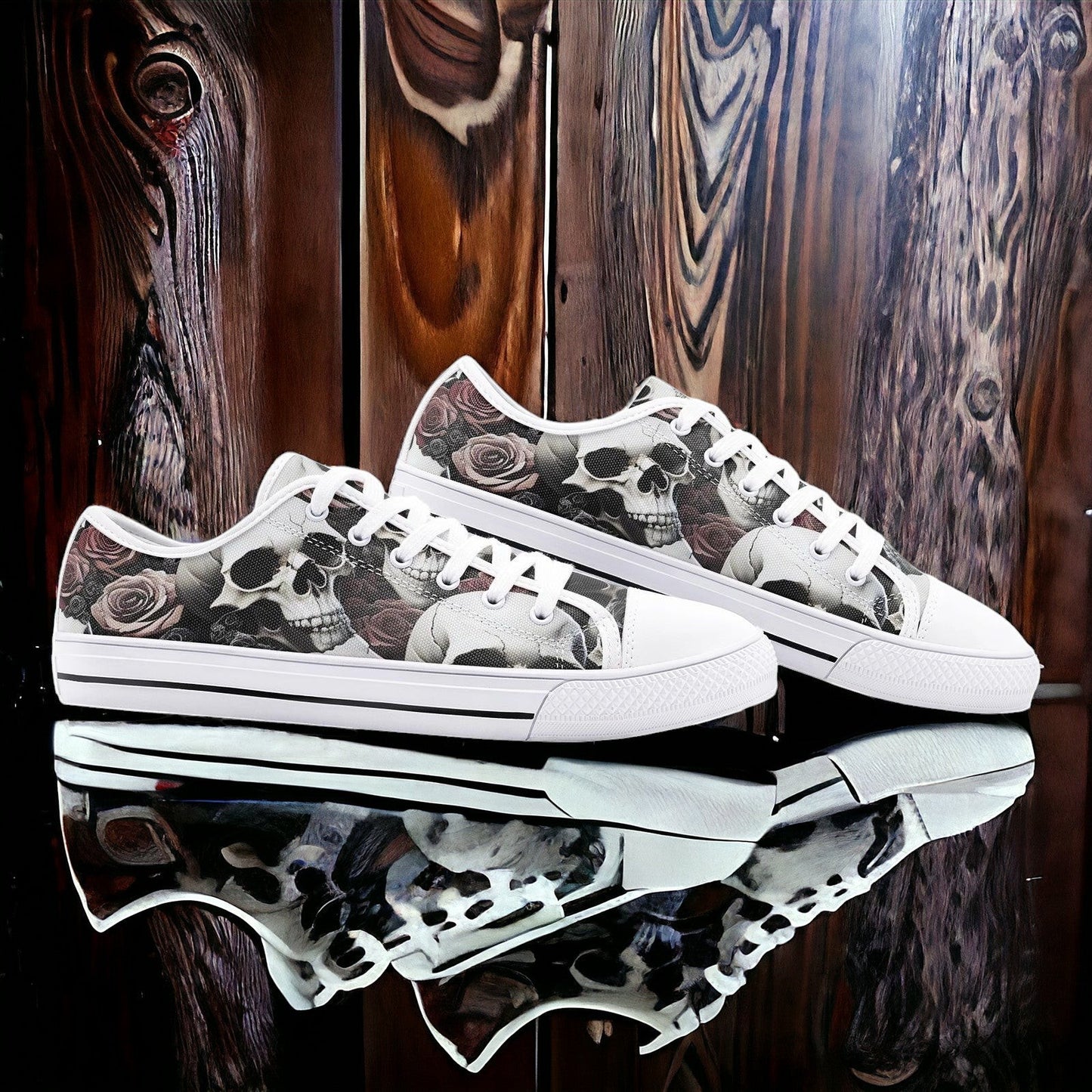 Skull Roses Love custom high-top canvas shoes — wearable art by Freaky Shoes