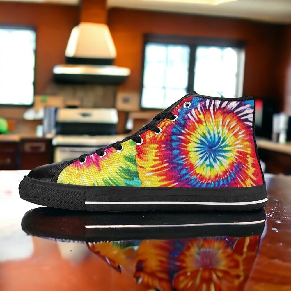Custom Women's Tie Dye Love high-top canvas shoes with bold all-over art — Freaky Shoes