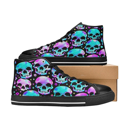 Freaky Shoes custom art sneakers with iridescent skull art, made to order wearable art in neon pink and teal.