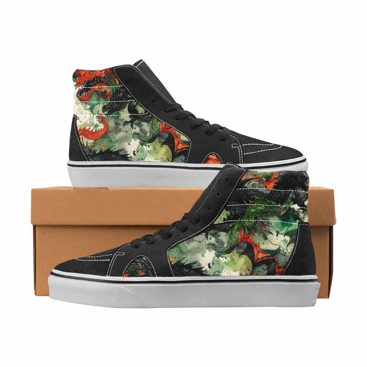 WOMEN'S Dragons Black & Green Ink High Top Canvas Original Design Aesthetic Customized Sneakers