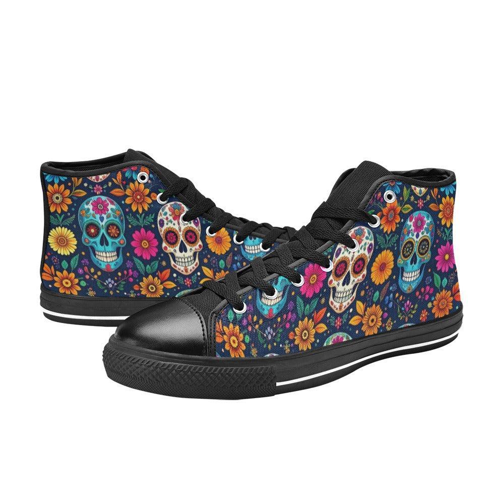 KIDS' Rainbow Sugar Skull Weave High Top Canvas Dark Academia Custom Shoes