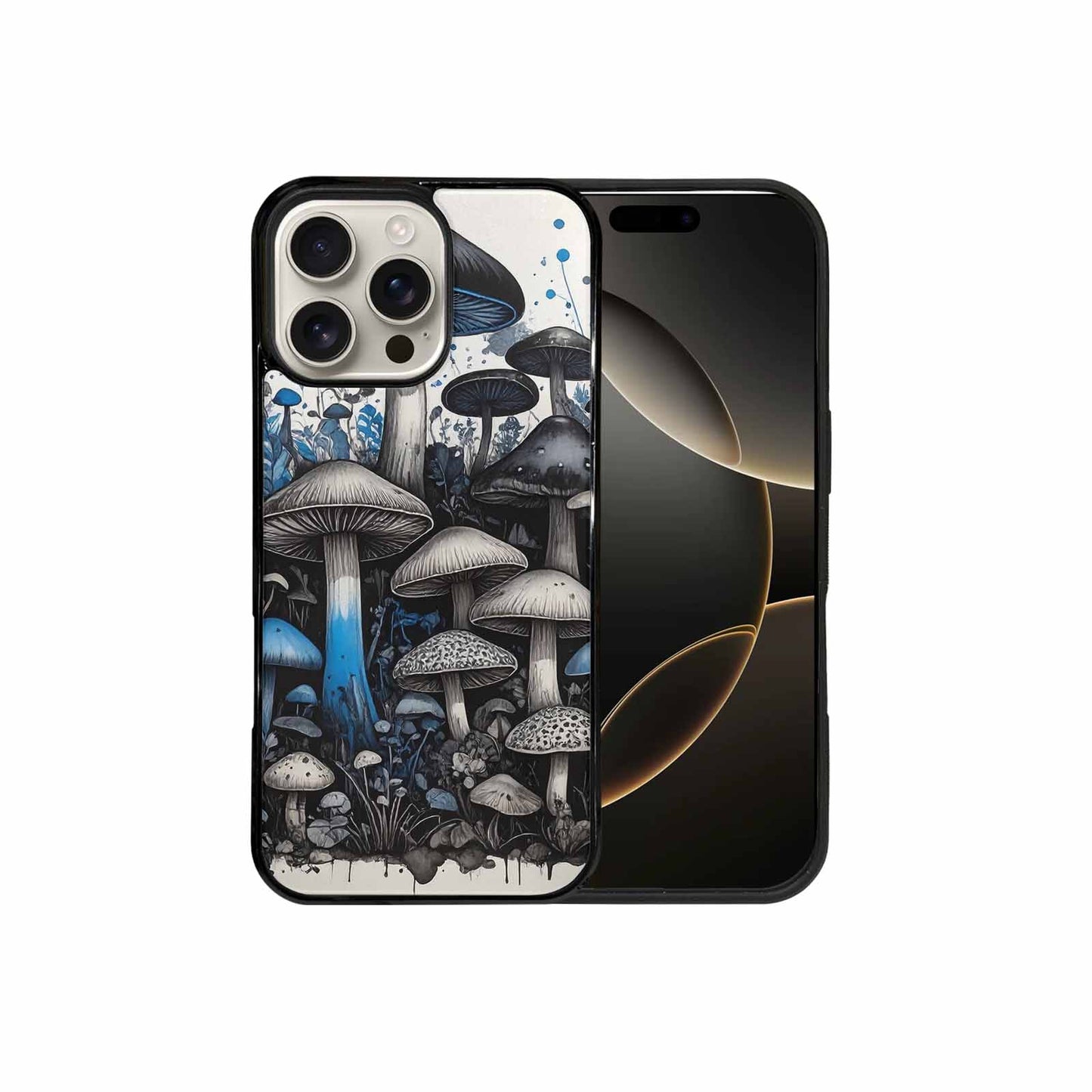 iPhone 16 Pro Max Case — Mushrooms General Black Blue Ink Mushrooms, Custom Printed Phone Case