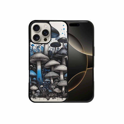 iPhone 16 Pro Max Case — Mushrooms General Black Blue Ink Mushrooms, Custom Printed Phone Case