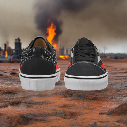 Custom Women's Thin Red Line Flag Themed low-top canvas shoes with bold all-over art — Freaky Shoes