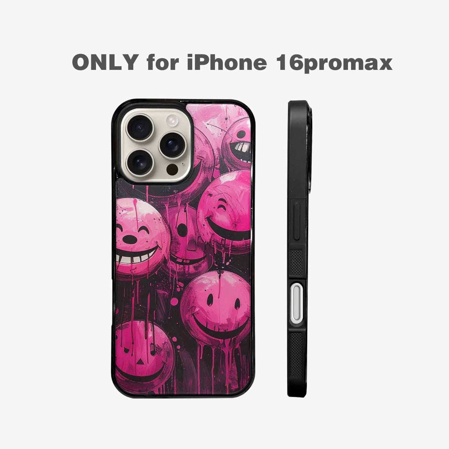 iPhone 16 Pro Max Case — Melting Moon Smiley Black Pink Ink, Custom Made Phone Cover
