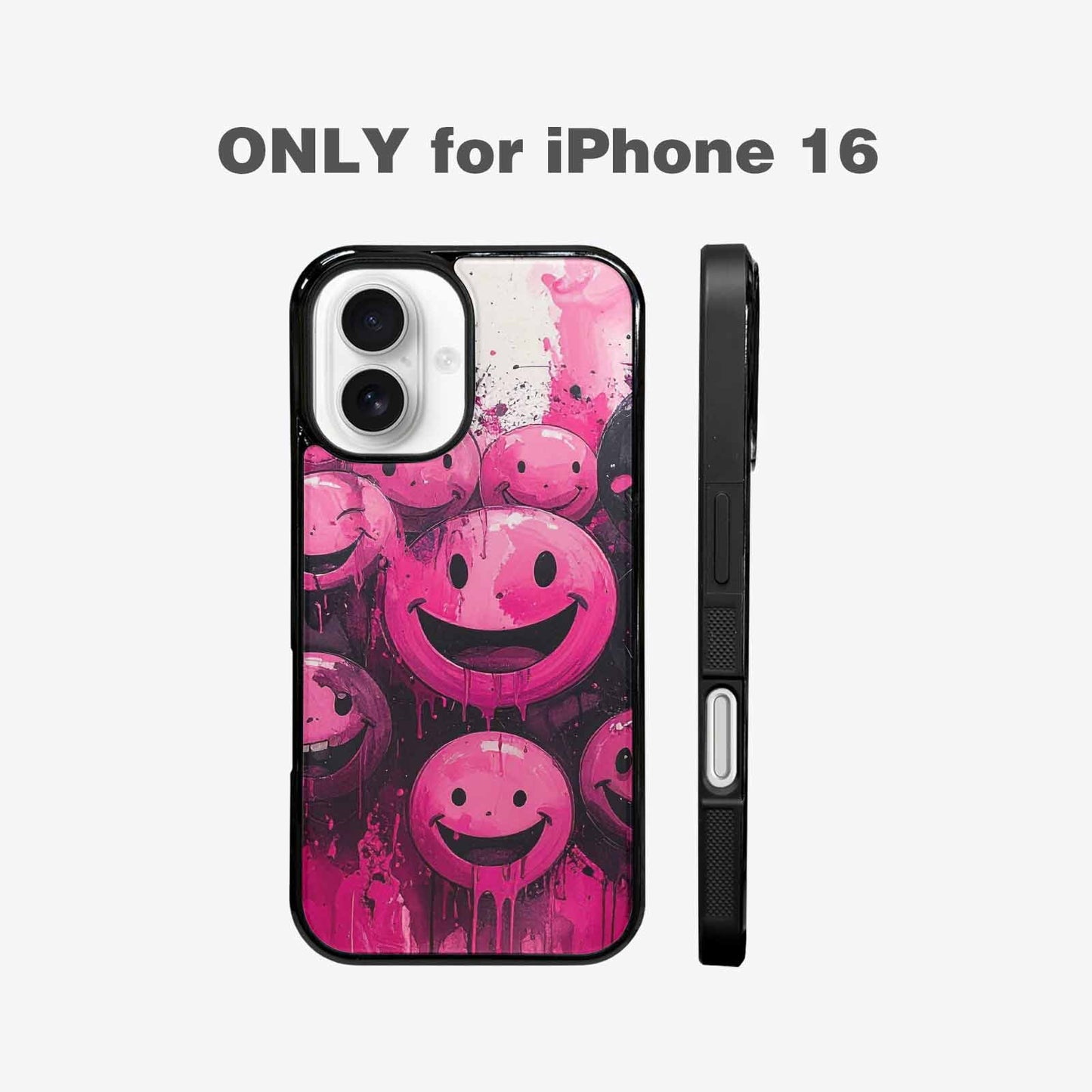 iPhone 16 Case — Melting Moon Smiley Black Pink Ink, Original Design Phone Case