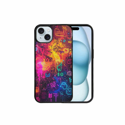 iPhone 15 Plus Case — Neon Glow Outline Icon Pattern Hundreds, Unique Phone Case Design