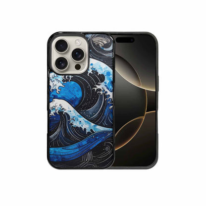 iPhone 16 Pro Case — Nautical Wave Black Blue Ink Wave, Custom Print Case Cover