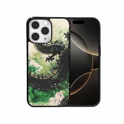 iPhone 15 Pro Max Case — Dragon Scale Black Green Ink Dragons, Custom Printed Phone Case