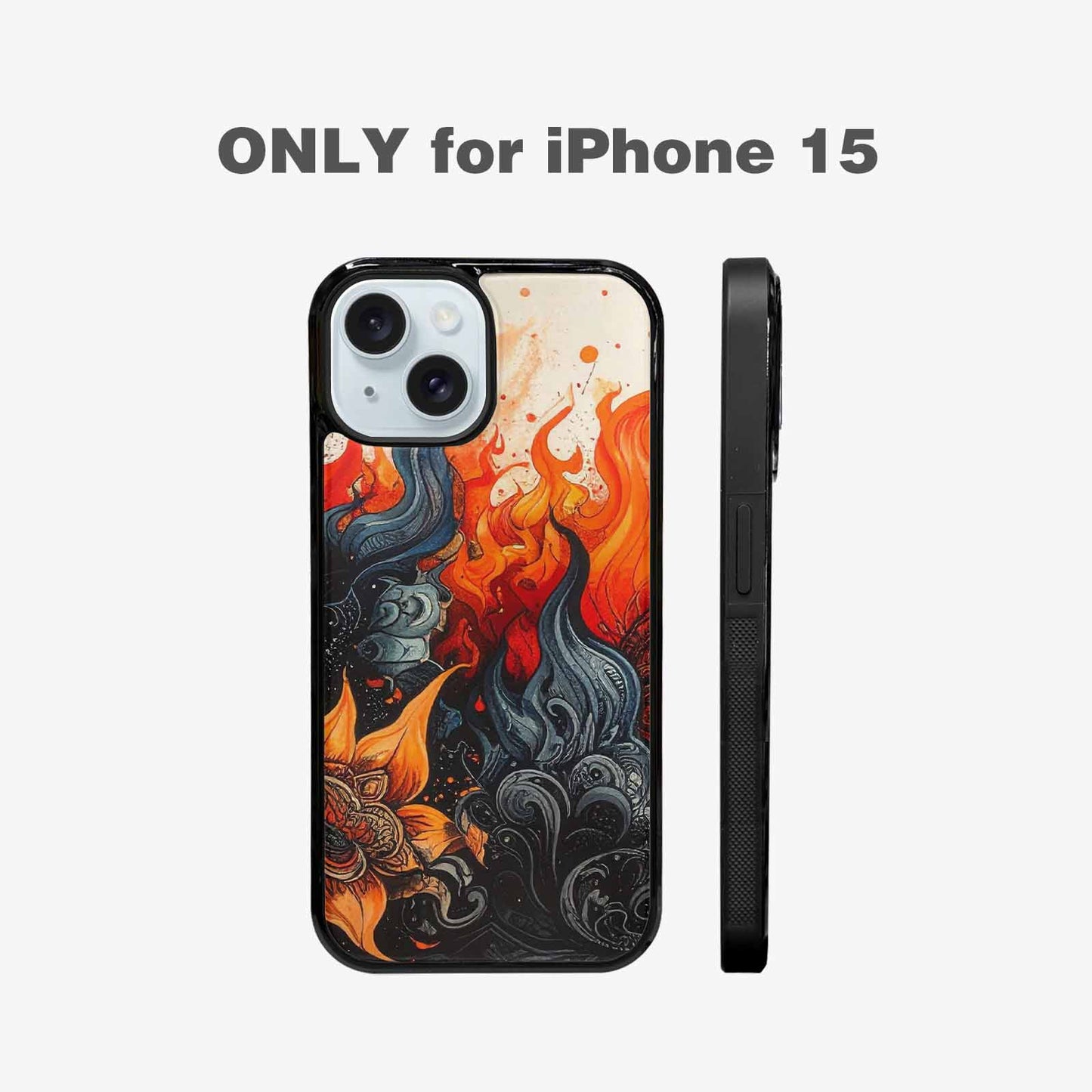 iPhone 15 Case — Flame Burst Black Red Ink Flame, Custom Art Phone Cover