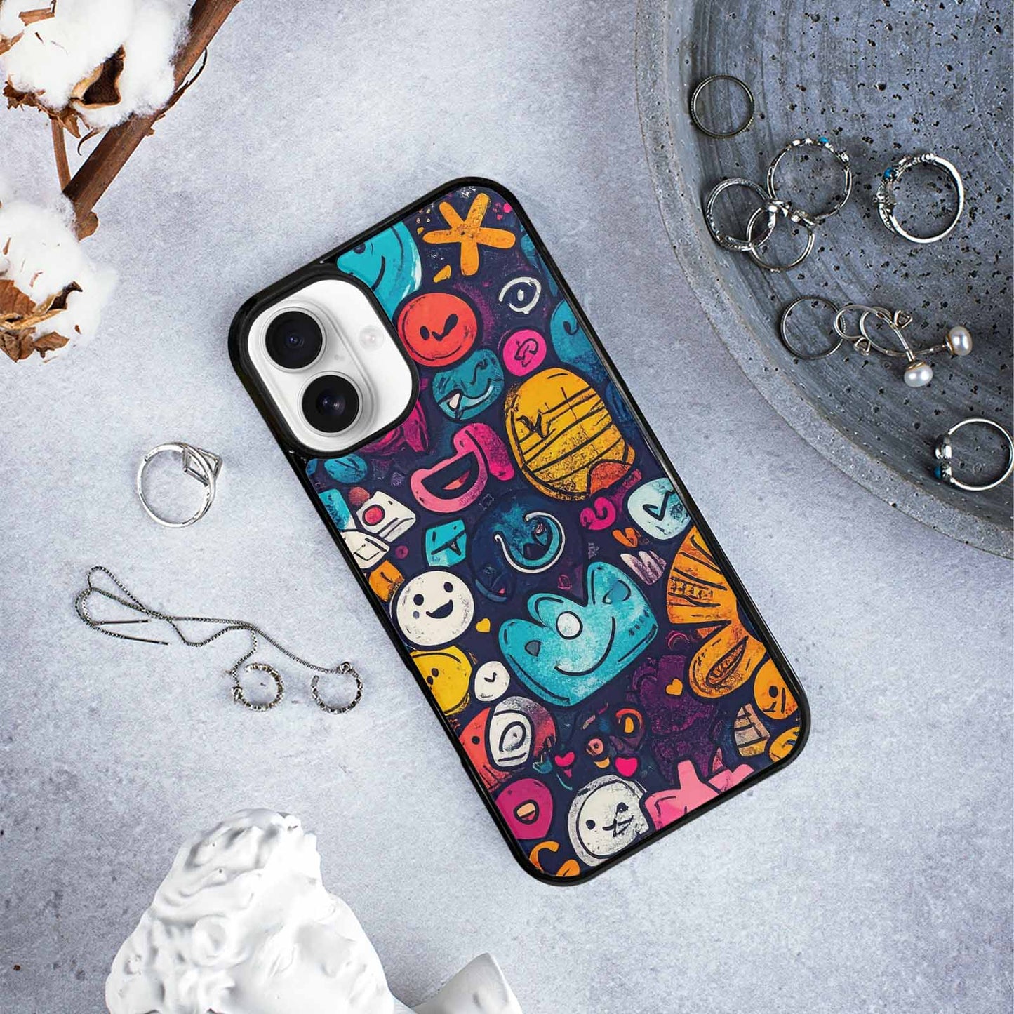 iPhone 16 Plus Case — Hand Drawn Icon Doodle Pattern Hundreds, Customized Protective Case