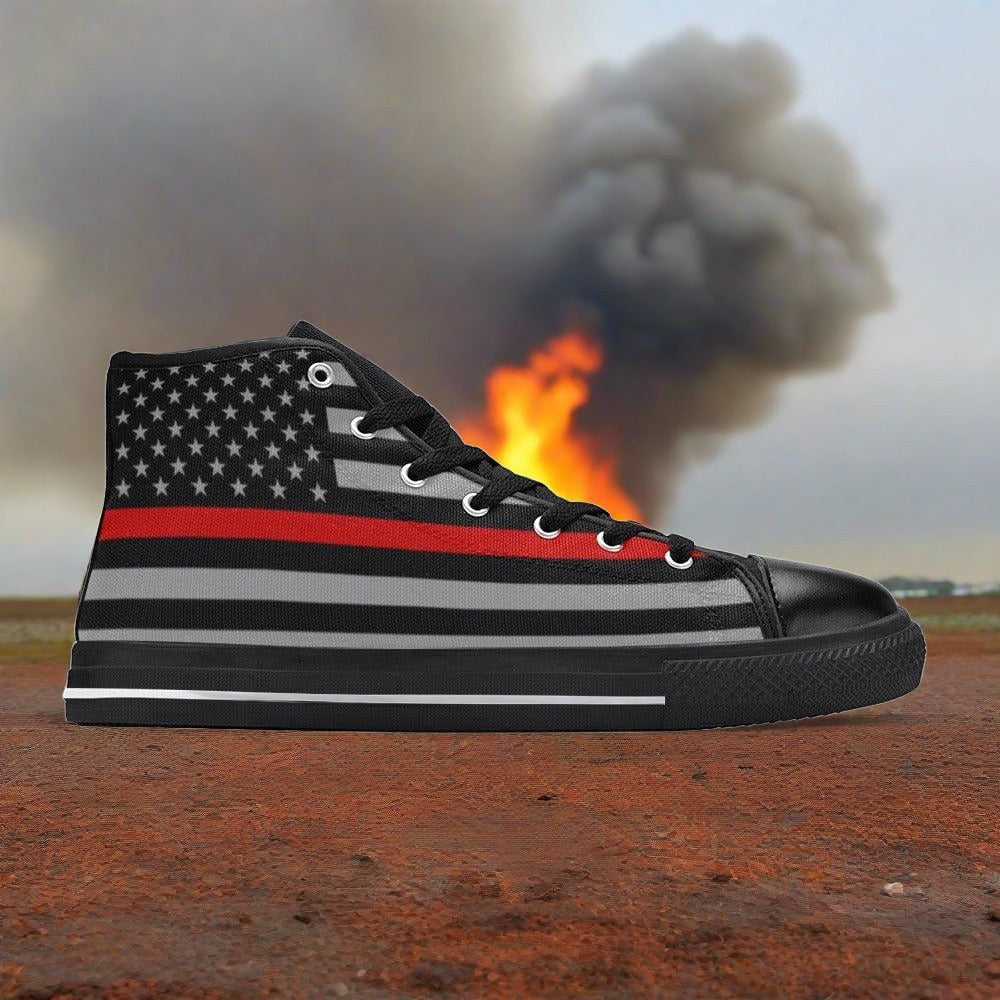 Women's Thin Red Line Flag custom high-top canvas shoes — wearable art by Freaky Shoes