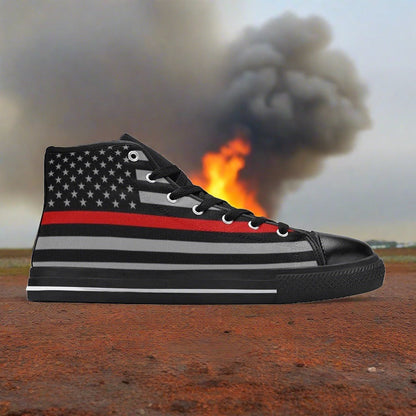 Women's Thin Red Line Flag custom high-top canvas shoes — wearable art by Freaky Shoes