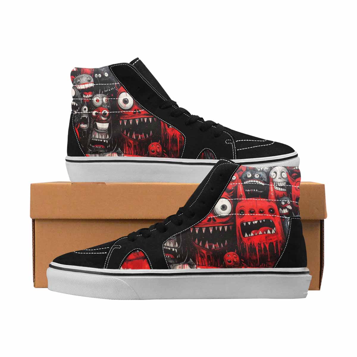 MEN'S Monsters Black & Red Ink High Top Canvas Boutique Y2K Custom Printed Shoes