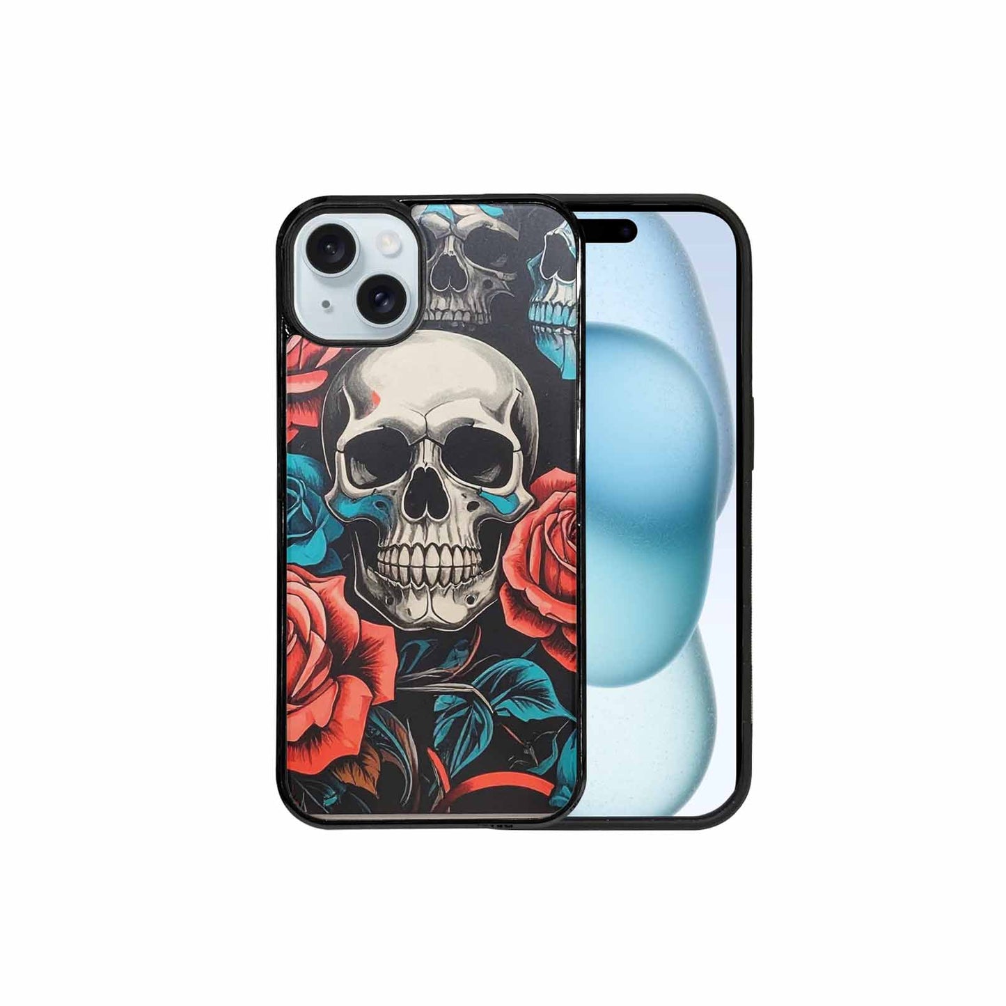 iPhone 15 Plus Case — Skulls Roses Biker Tattoo, Custom Made Phone Cover