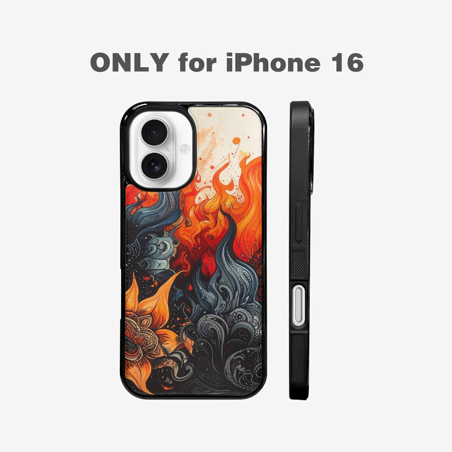iPhone 16 Case — Flame Burst Black Red Ink Flame, Custom Phone Case