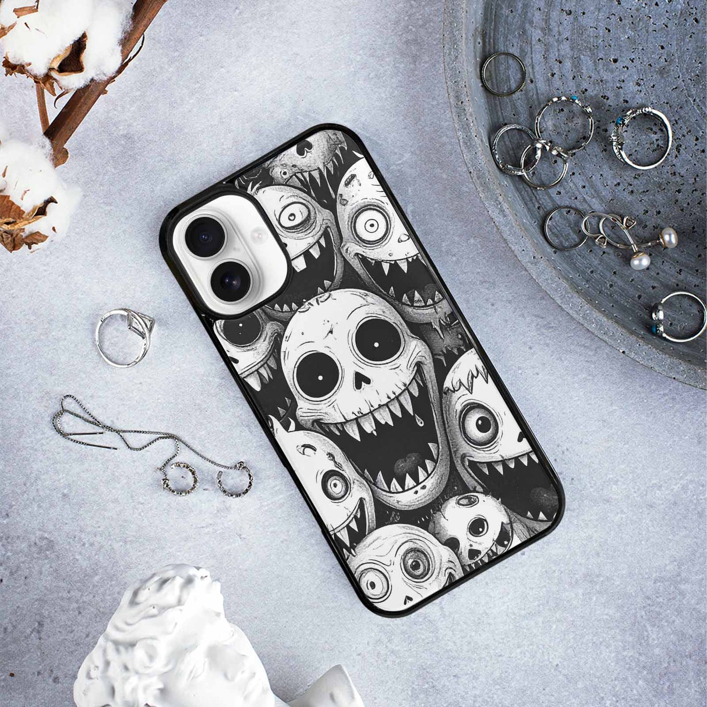 iPhone 16 Plus Case — Black And White Monster Face Collage, Original Design Phone Case
