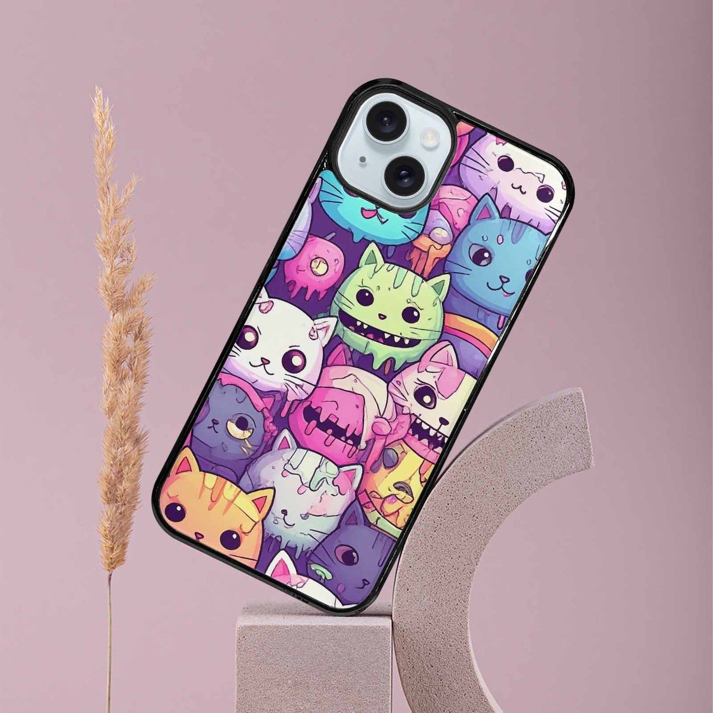 iPhone 15 Plus Case — Pastel Gore Cat Character Pattern Hundreds, Unique Phone Case Design