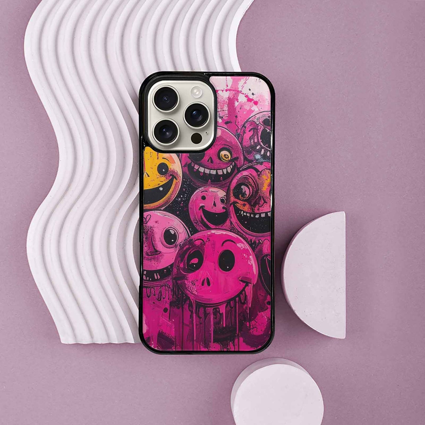 iPhone 16 Pro Max Case — Melting Moon Smiley Black Pink Ink, Custom Phone Case