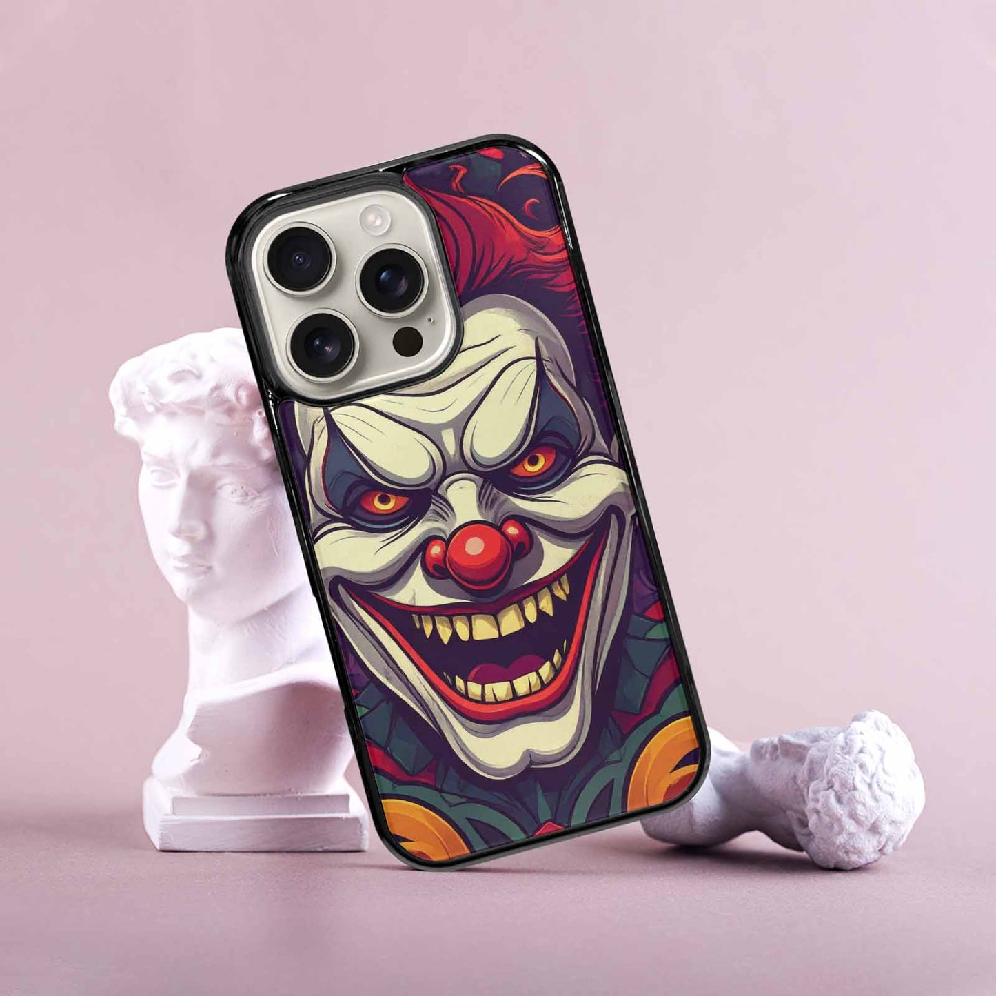 iPhone 16 Pro Case — Evil Circus Heads Faces Overlapping Patterns, Custom Printed Phone Case