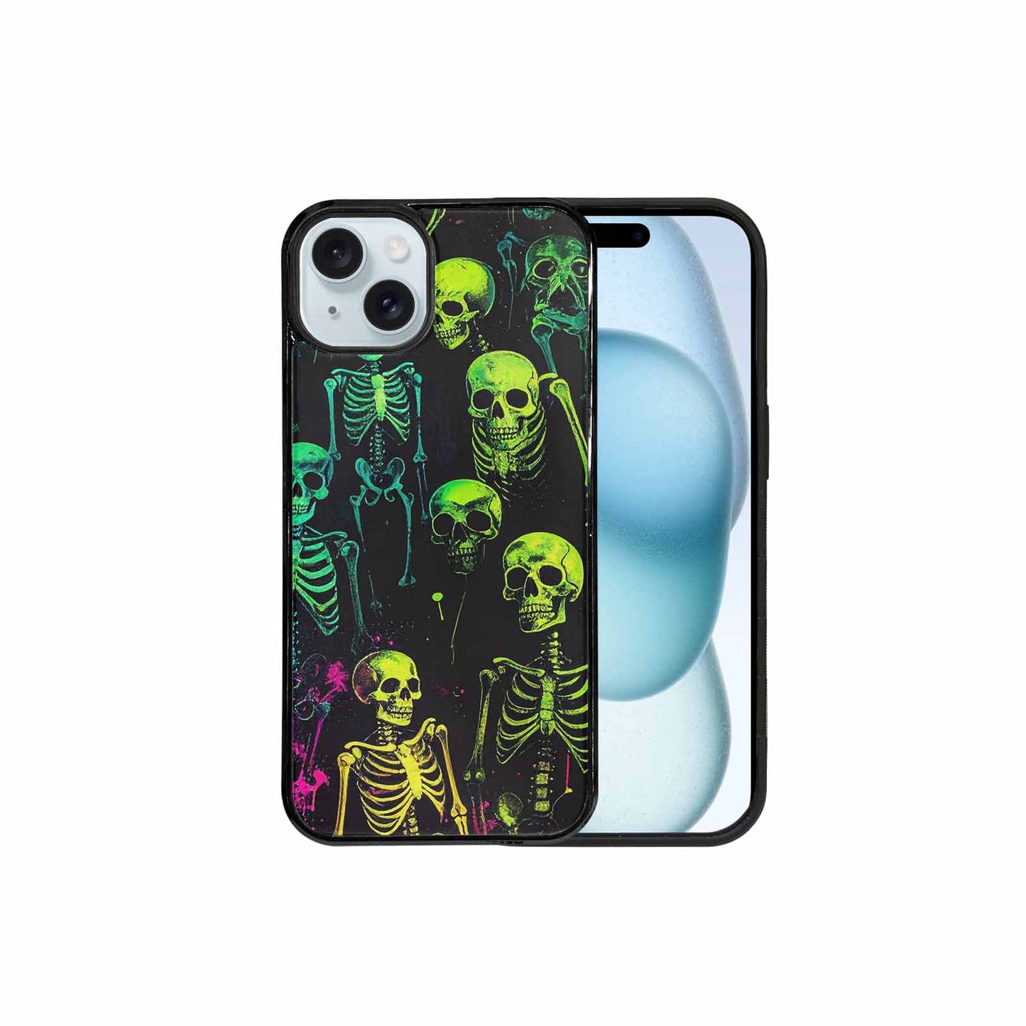 iPhone 15 Plus Case — Skeletons Neon Green Glowskele, Unique Phone Case Design