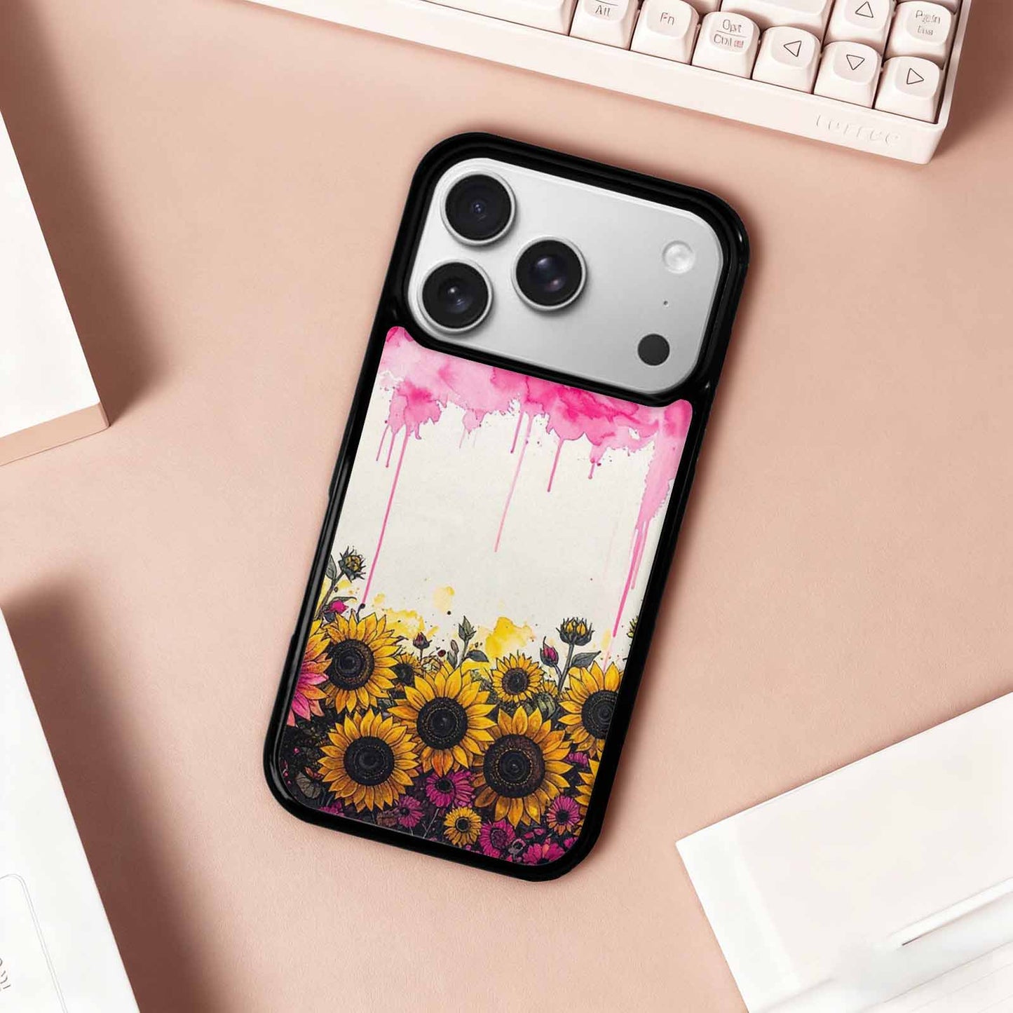 iPhone 17 Pro Case — Sunflower Burst Black Pink Ink Floral, Custom Made Phone Cover