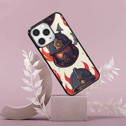 iPhone 15 Pro Max Case — Firefighter Pattern Flames Axes Helmets Seamless, Custom Art Phone Cover