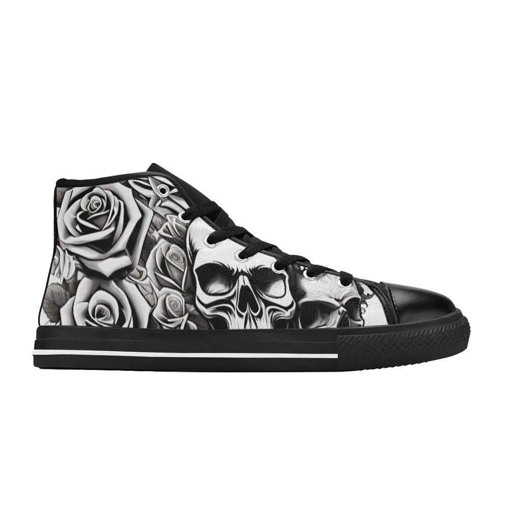 WOMEN'S Skull Roses Black White High Top Canvas Grunge Custom Shoes