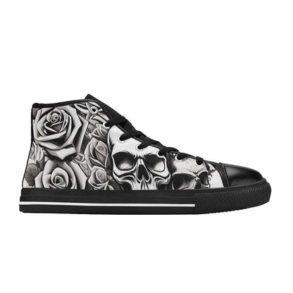 WOMEN'S Skull Roses Black White High Top Canvas Grunge Custom Shoes