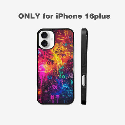 iPhone 16 Plus Case — Neon Glow Outline Icon Pattern Hundreds, Custom Phone Case
